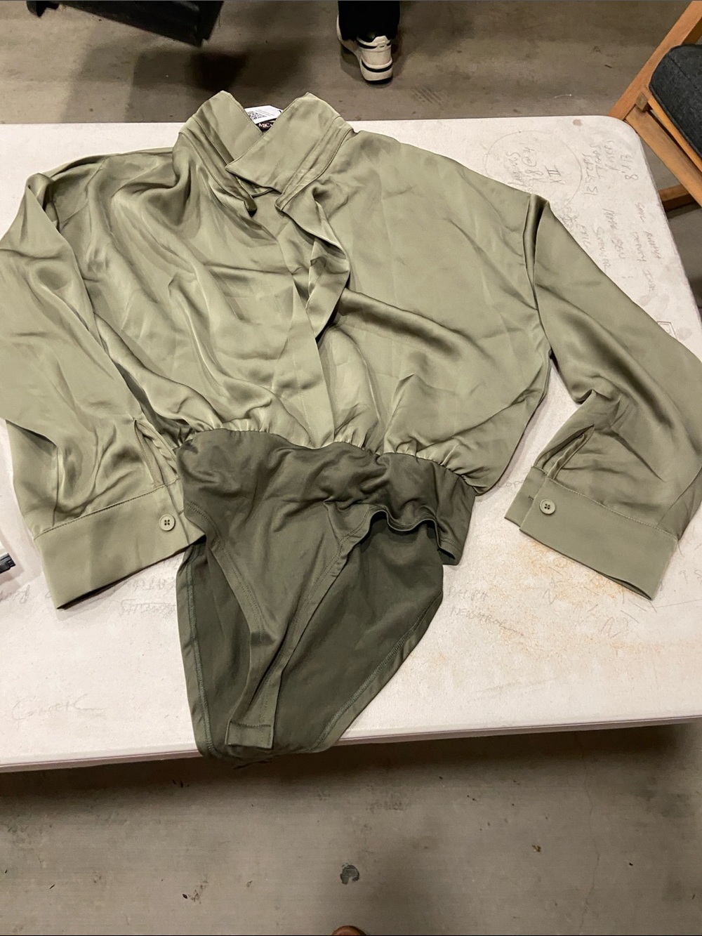 Olive Satin Long-Sleeve Wrap Bodysuit